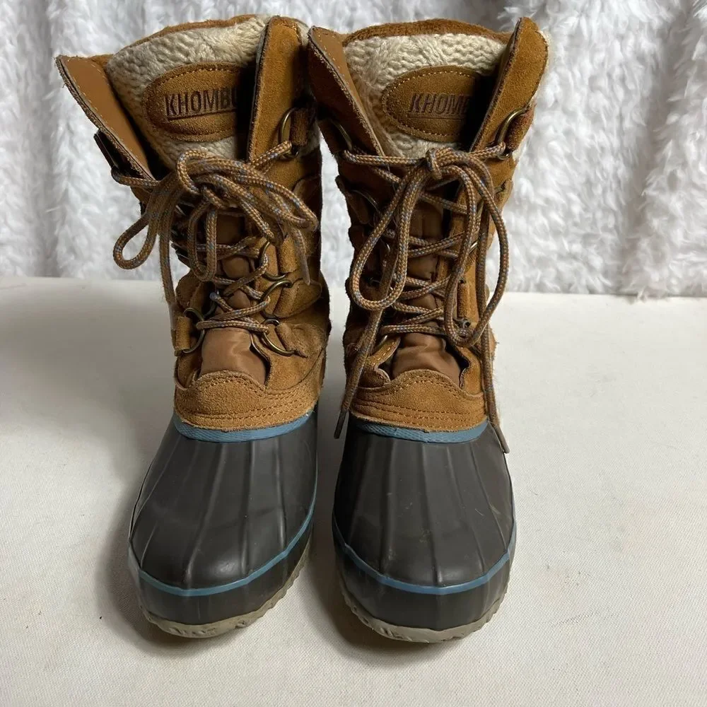 KHOMBU  Cozy brown leather suede,navy blue rubber & beige knit lace up boots SZ7